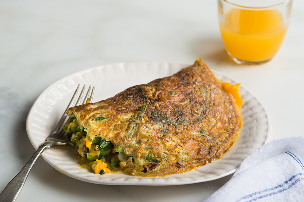 Broccoli Rabe Omelette with Bacon and Cheddar
