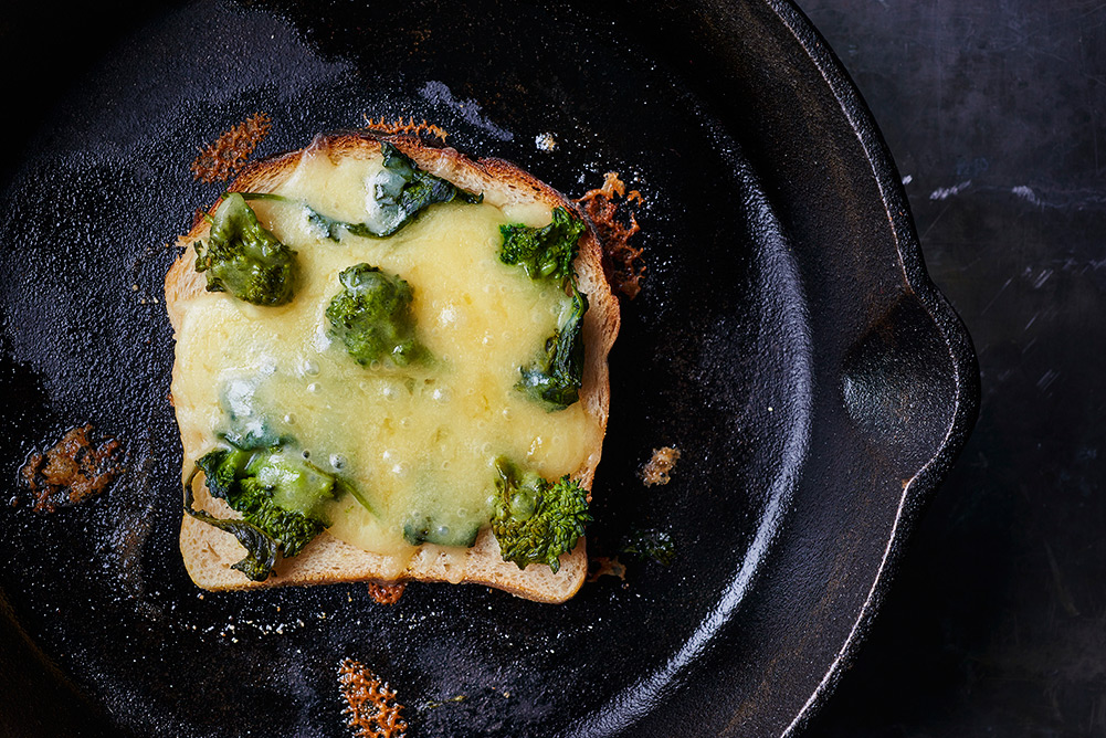 Broccoli rabe grilled cheese in pan