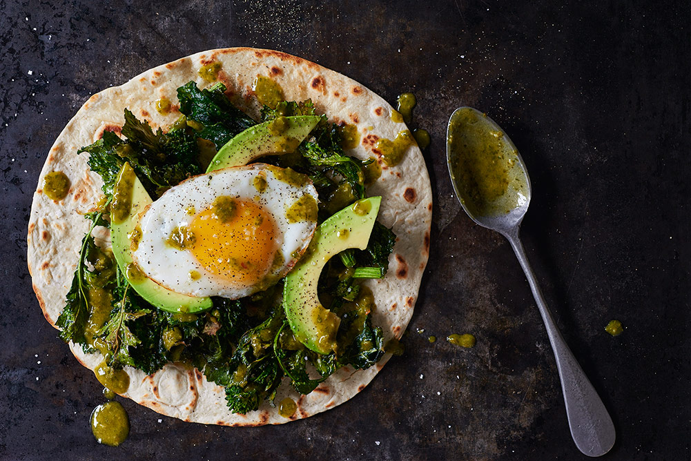 Roasted Broccoli Rabe, Avocado and Egg Tostada with Chimichurri