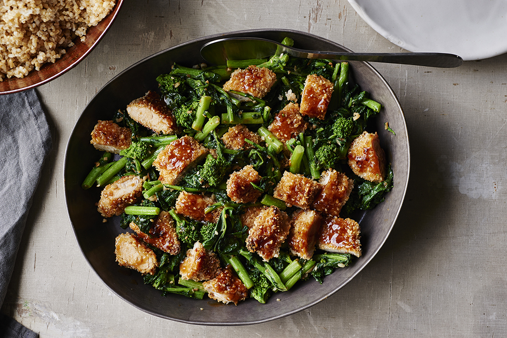 Garlic Sesame Broccoli Rabe with Panko Crusted Chicken