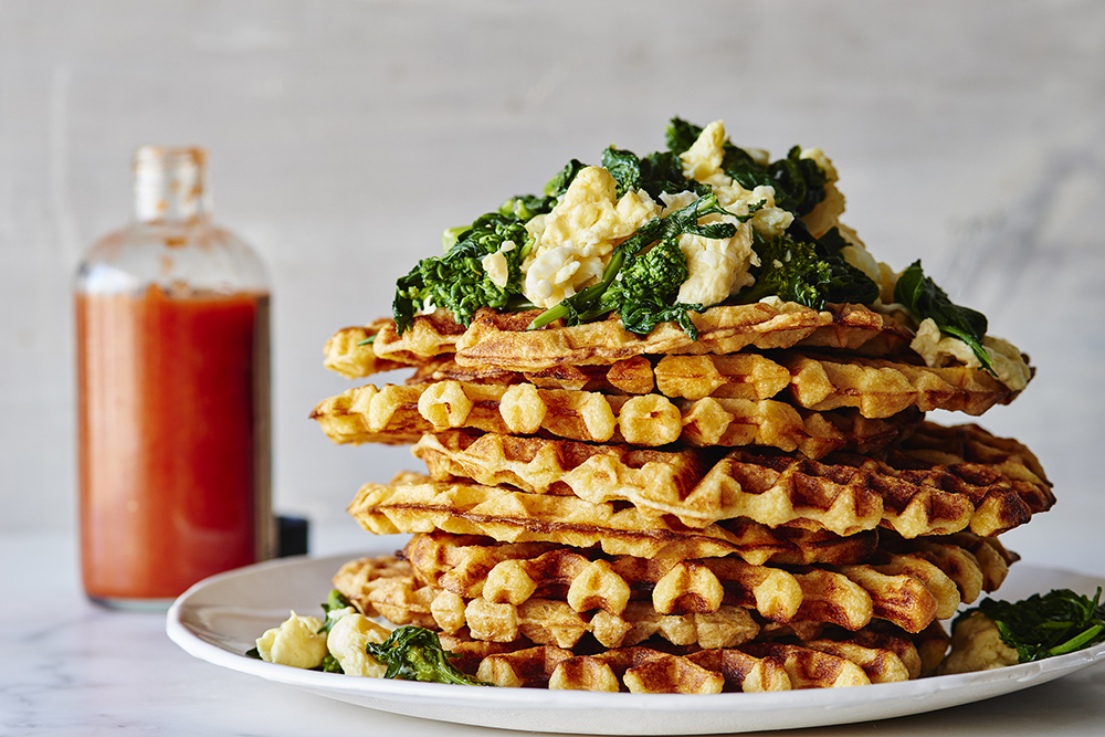 Cheddar Waffles with Garlicky Broccoli Rabe & Scrambled Eggs - Andy Boy