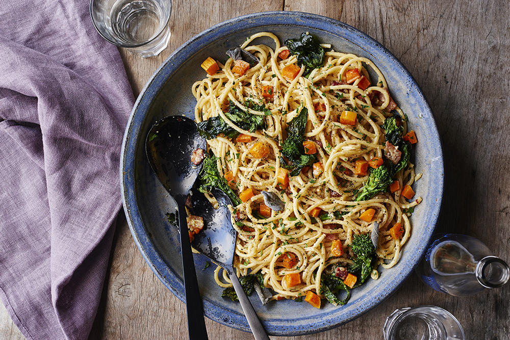 Winter Squash Carbonara with Broccoli Rabe