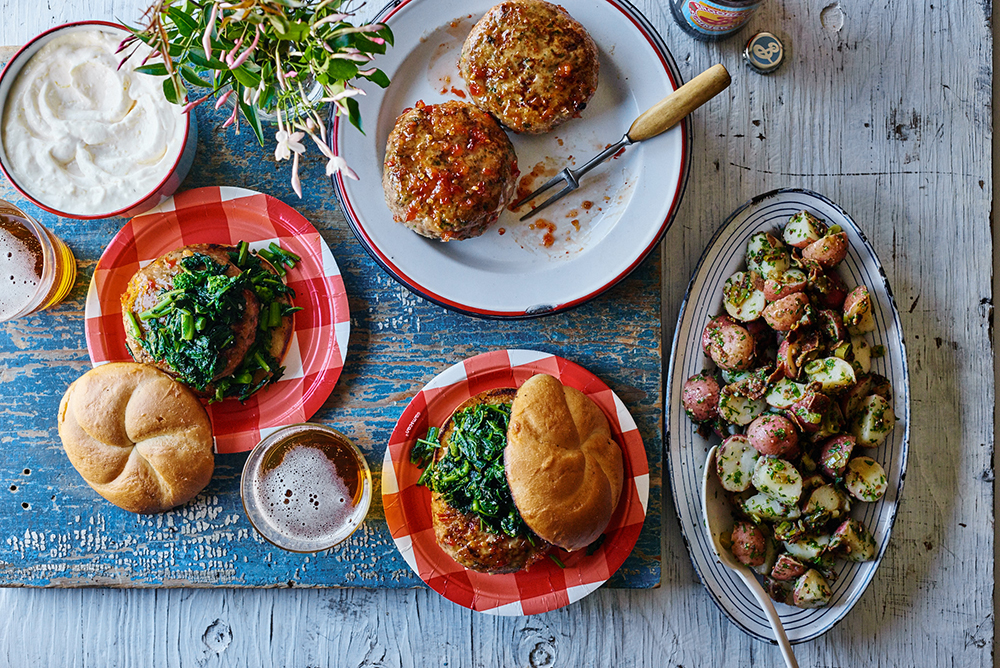 Glazed Chicken Burgers with Garlicky Broccoli Rabe and Lemon Mayo