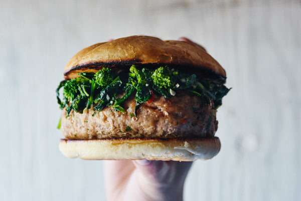 glazed-chicken-burgers-garlicky-broccoli-rabe-lemon-mayo-andy-boy