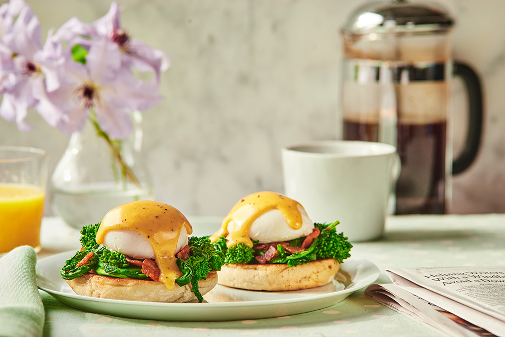 Eggs Benedict with Broccoli Rabe and Bacon