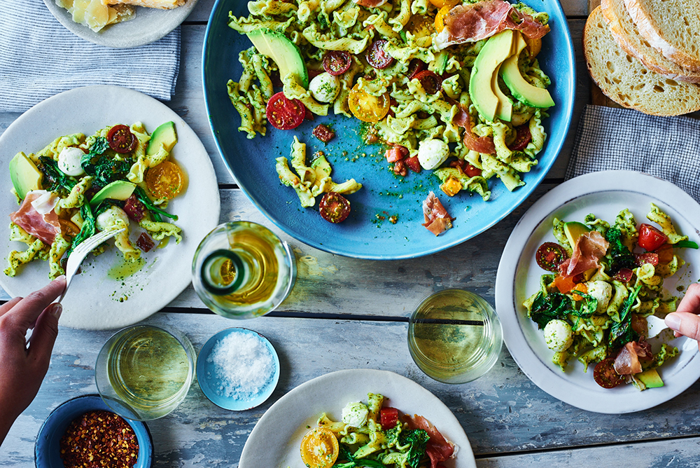 Avocado Caprese Pasta with Grilled Broccoli Rabe