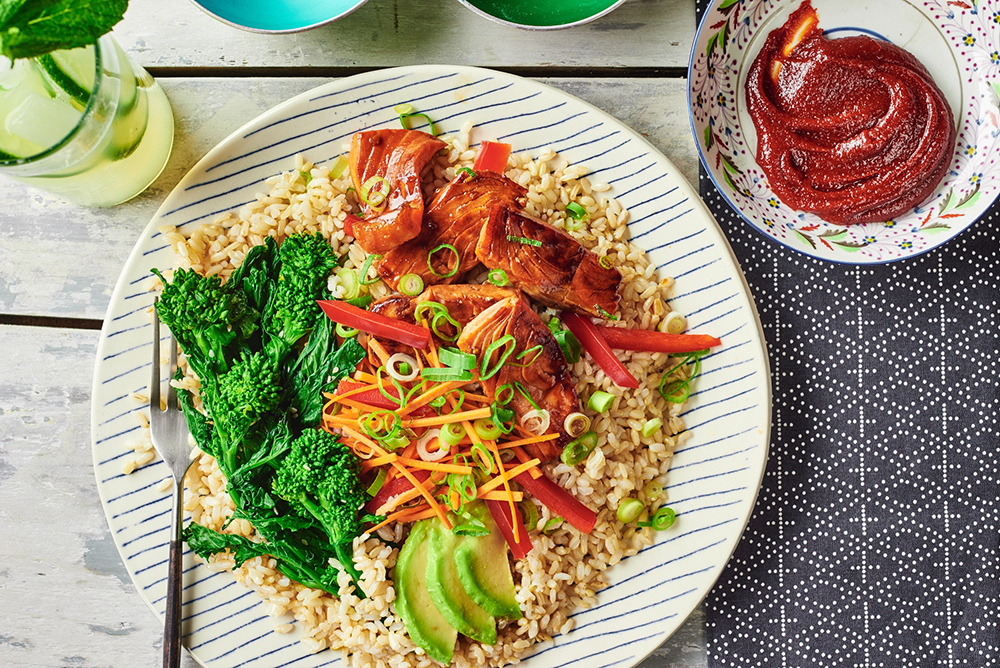 Broccoli Rabe and Maple Glazed Salmon Bibimbap