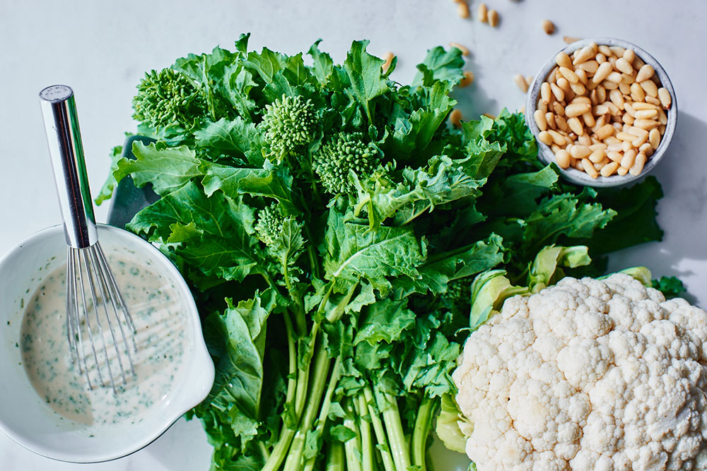 Broccoli Rabe and Crunchy Cauliflower with a Lemon Tahini Dressing