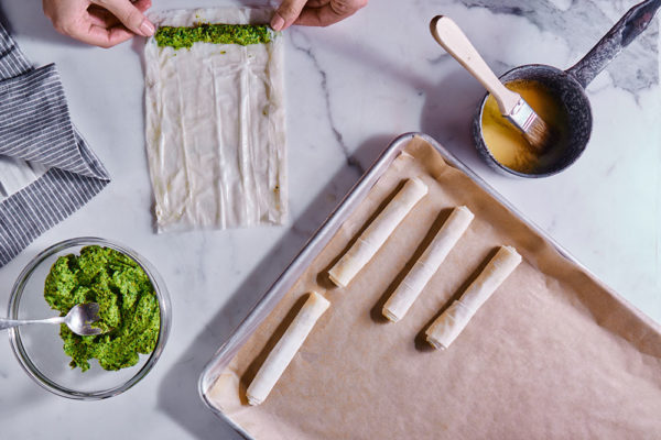 cooking-process-broccoli-rabe-goat-cheese-cigars