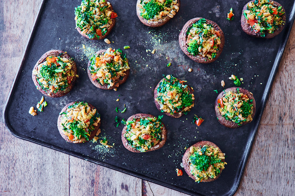 Broccoli Rabe and Farro Stuffed Mushrooms