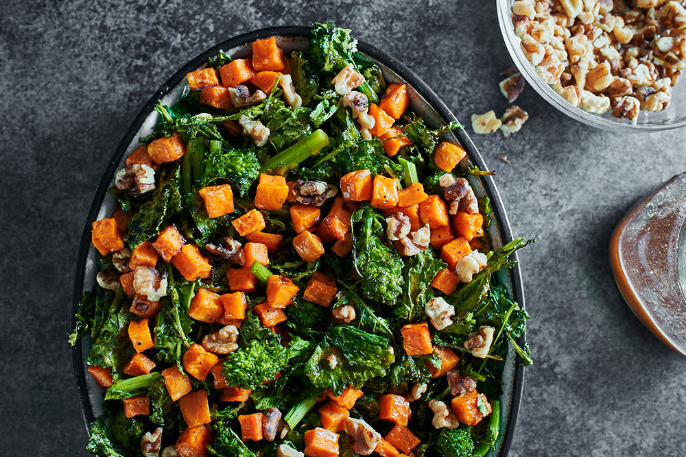 Broccoli Rabe and Warm Roasted Sweet Potato Salad with Cinnamon-Maple Vinaigrette