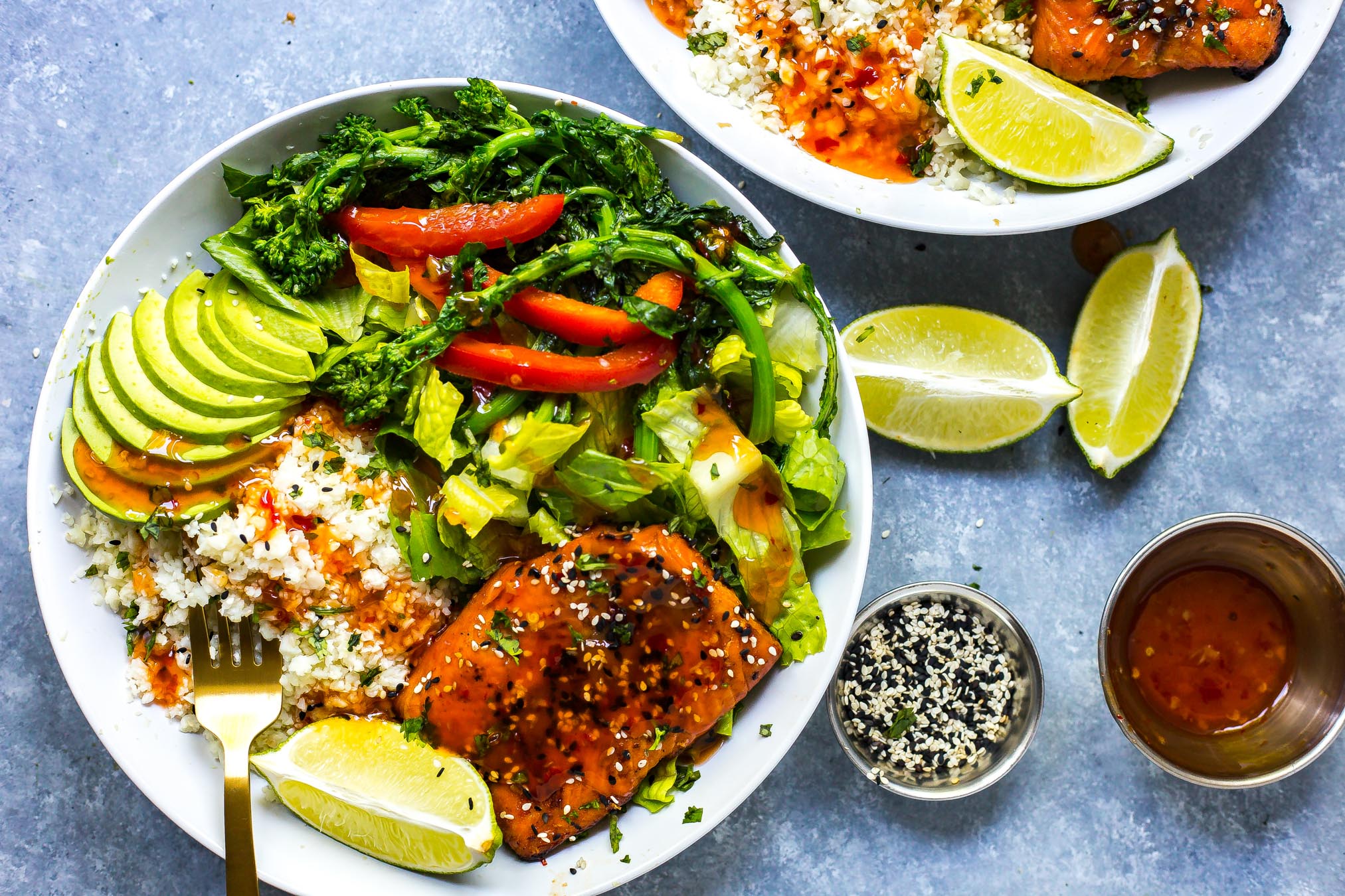 Chili Lime Salmon Bowls with Broccoli Rabe and Cauliflower Rice