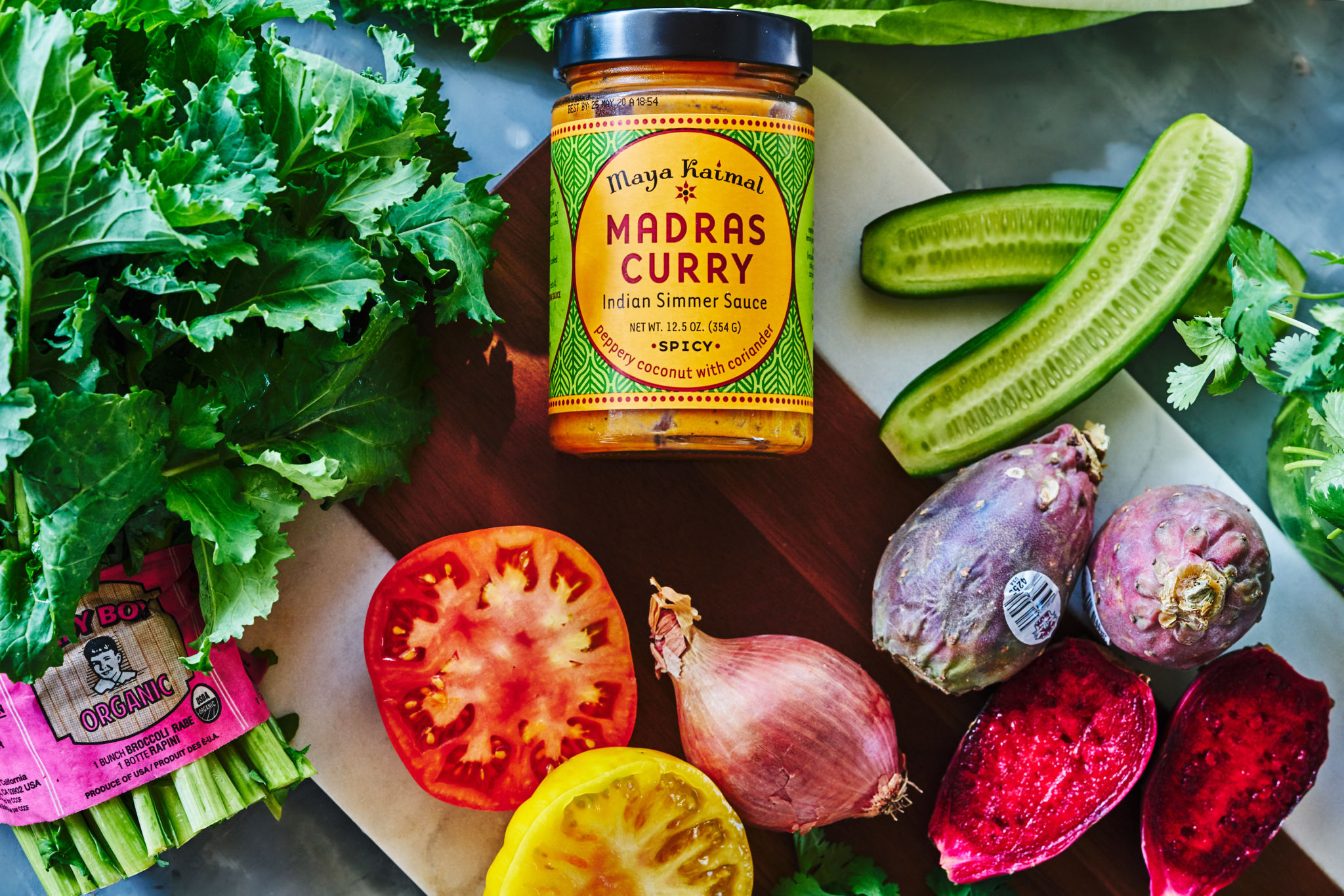 Madras Curry Lamb Burger Gyro with Broccoli Rabe and Cactus Pear Yogurt