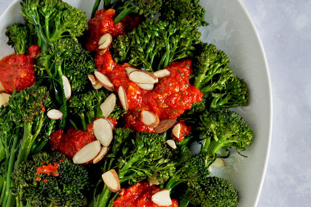 Roasted Sweet Baby Broccoli with Piquillo Pepper Romesco Sauce