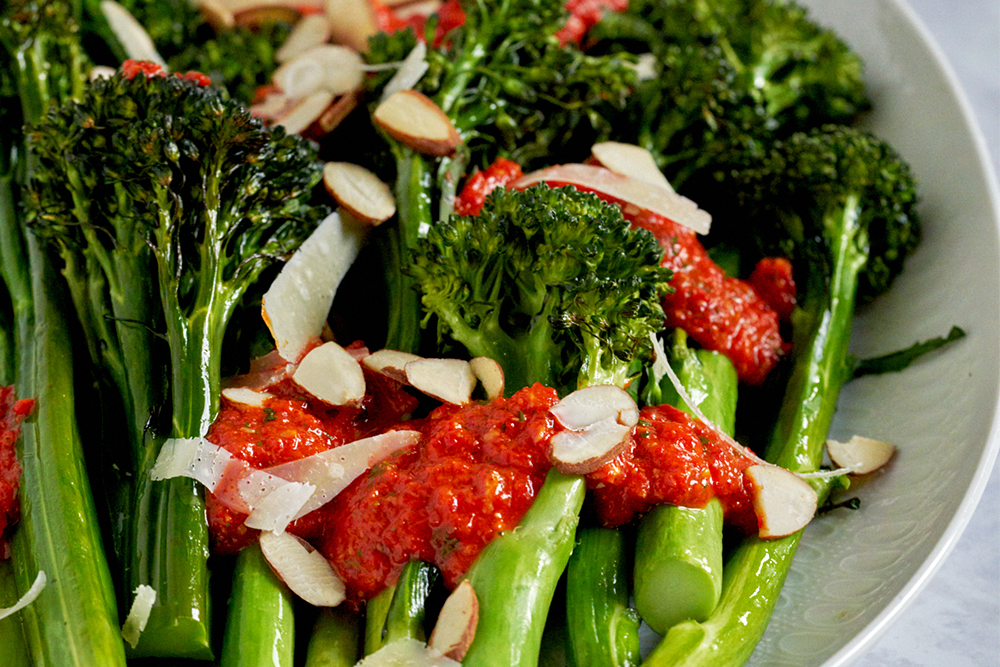 Roasted Sweet Baby Broccoli with Piquillo Pepper Romesco Sauce Andy Boy